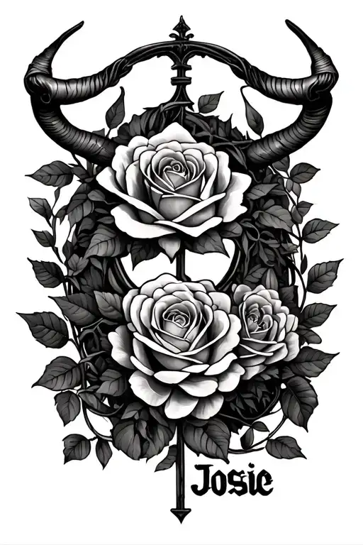Libra Sign, Pisces Sign, Taurus Sign and Scorpio Sign. Lots of vines and roses, with the word "Josie" somewhere on there tattoo design idea