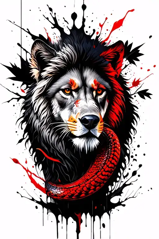 Lion, eagle, wolf, viper, tree leaf tattoo design idea
