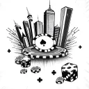 A casino skyline silhouette with iconic gambling symbols like dice, cards, and chips, set against a backdrop of a full m tattoo design idea