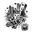 A casino skyline silhouette with iconic gambling symbols like dice, cards, and chips, set against a backdrop of a full m tattoo design idea