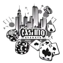 A casino skyline silhouette with iconic gambling symbols like dice, cards, and chips, set against a backdrop of a full m tattoo design idea