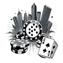 A casino skyline silhouette with iconic gambling symbols like dice, cards, and chips, set against a backdrop of a full m tattoo design idea