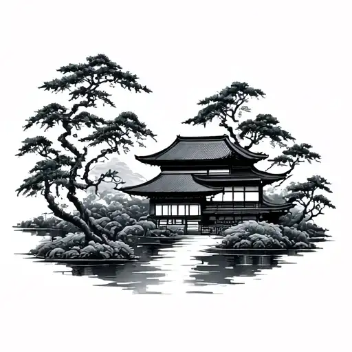 Japanese building among bamboo forest tattoo design idea