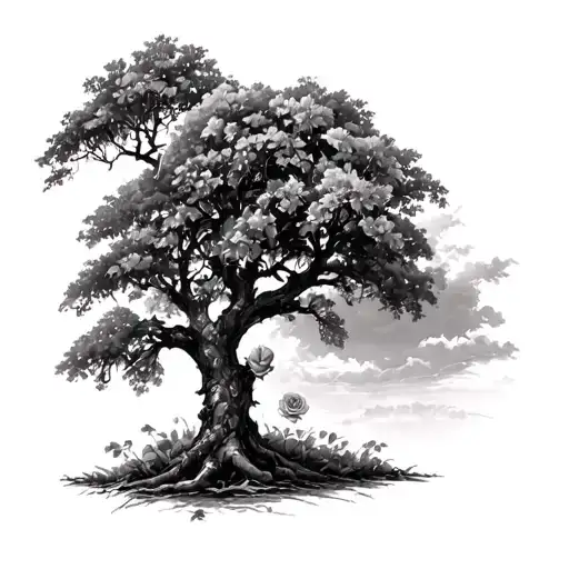 live oak tree borrowing slanted to the right with a rose growing tattoo design idea