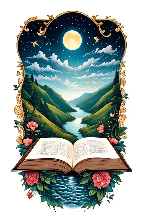 open book below hillside tattoo design idea