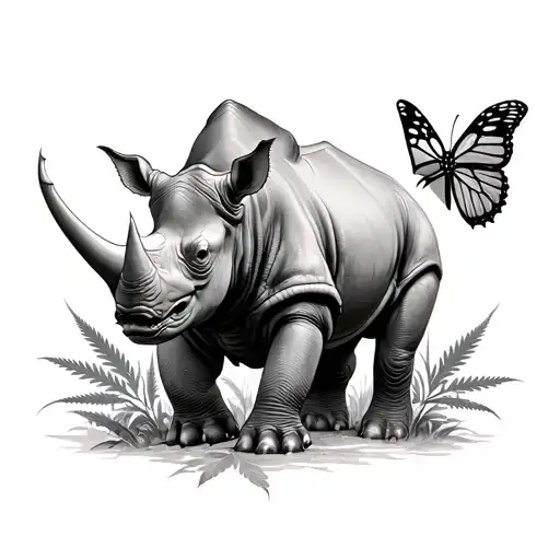 rhino and butterfly with weed leaves tattoo design idea
