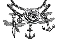 charm bracelet with a rose charm, a simple dragonfly and an anchor tattoo design idea