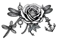 charm bracelet with a rose charm, a simple dragonfly and an anchor tattoo design idea