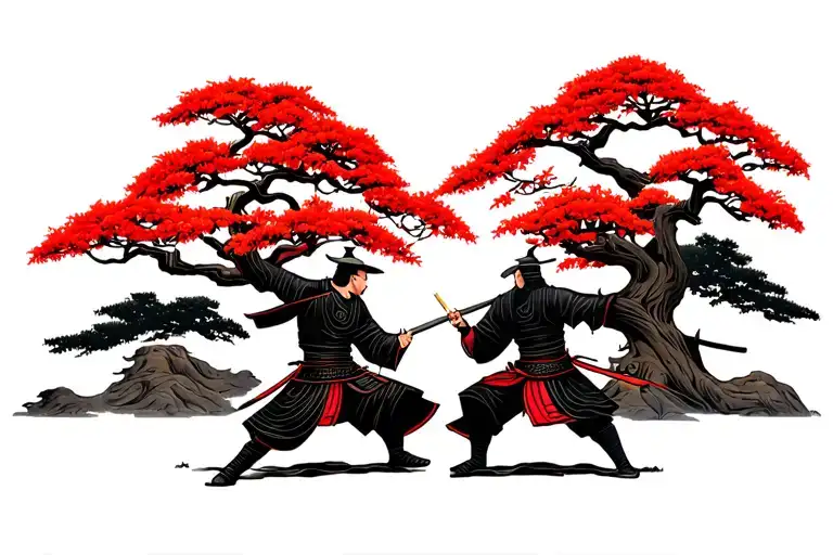 2 samurai dueling under a Japanese maple tree tattoo design idea
