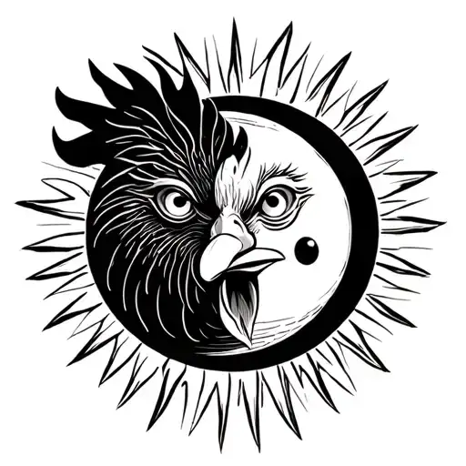 sun and moon merging together, with the cartoon face of a cool rooster, not the whole animal tattoo design idea