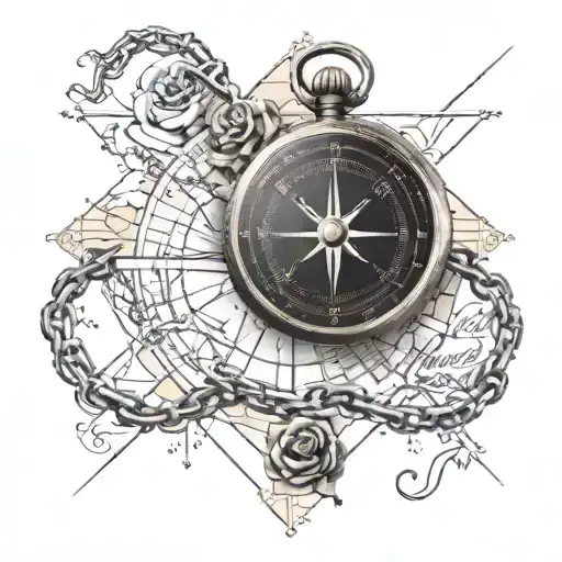 Forearm tattoo Compass on the background of an old map wrapped in chains with the addition of a rose tattoo design idea