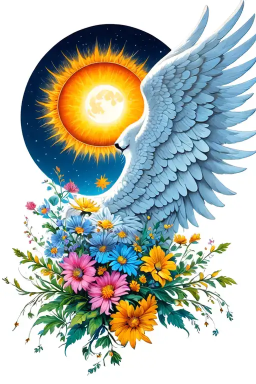 1988 Leo wild flowers intertwined angel wings spread wide sun moon tattoo design idea