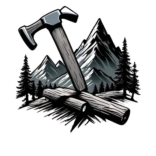 mountains with tree line surrounded by saw and hammer tattoo design idea