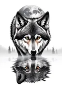 young wolf looking at reflection with a forest and moon. adult wolf looking down  tattoo design idea