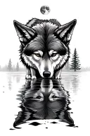 young wolf looking at reflection with a forest and moon. adult wolf looking down  tattoo design idea