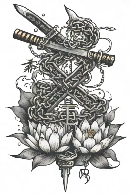 japanese kanji for love being pierced by katana with chains and lotus tattoo design idea