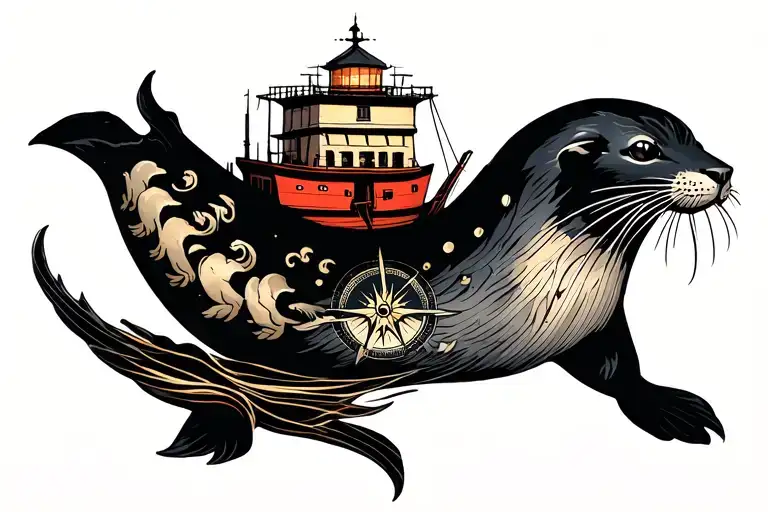 Büsum lighthouse, shrimp boat, grey seal, wind rose, compass tattoo design idea