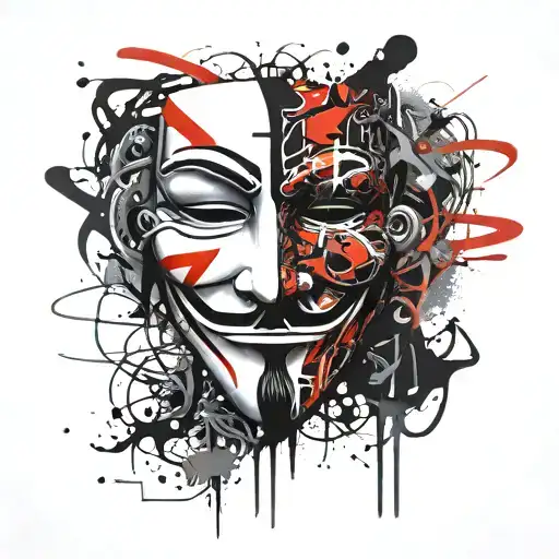 anonymous mask combined with comedy and tragedy mask tattoo design idea