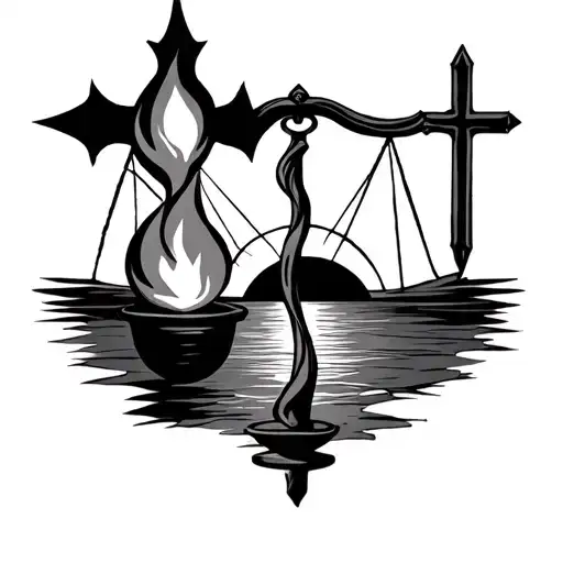 A combination of a cross, a small flame, a sunset, and justice tattoo design idea