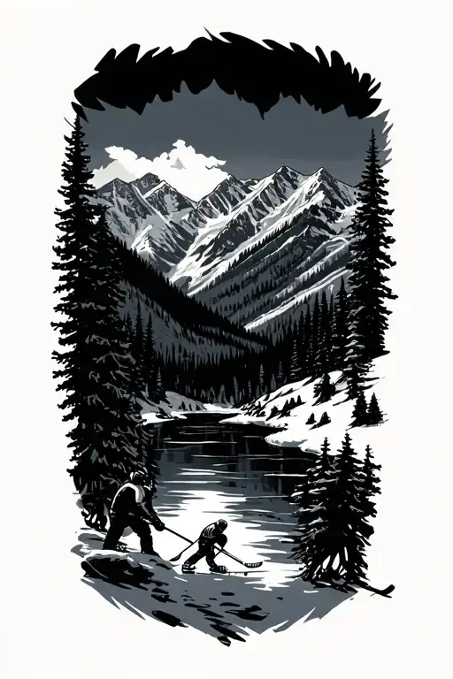 pond hockey in the mountains tattoo design idea