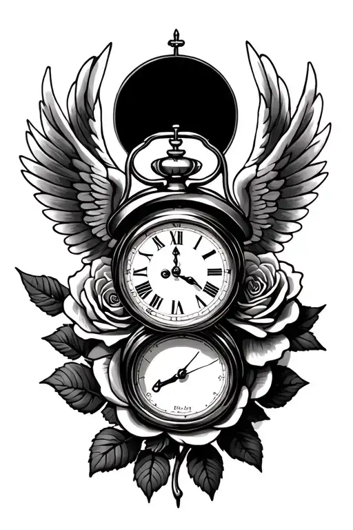 rose and clock with wings for nan and grandad tattoo design idea