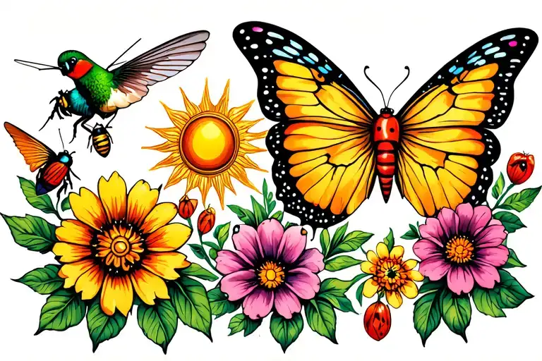 ladybugs, flowers, butterfly, sun, hummingbird, bees tattoo design idea