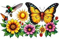ladybugs, flowers, butterfly, sun, hummingbird, bees tattoo design idea