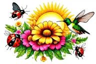 ladybugs, flowers, butterfly, sun, hummingbird, bees tattoo design idea