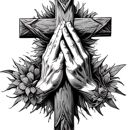praying hands holding a cross tattoo design idea