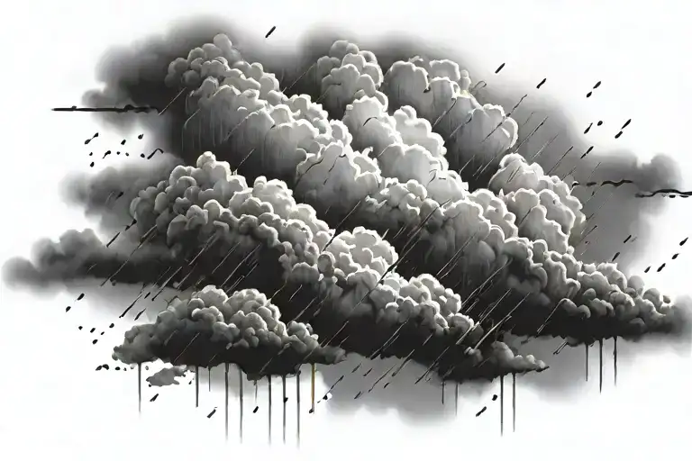 Black and white, dark, ominous rain clouds with spots of sunlight peeking through tattoo design idea