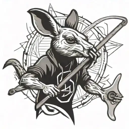 A blackwork tattoo of a kangaroo wearing hip hop attire, holding a spearfishing harpoon, set against a graffiti background inspired by Balmain Sydney tattoo design idea