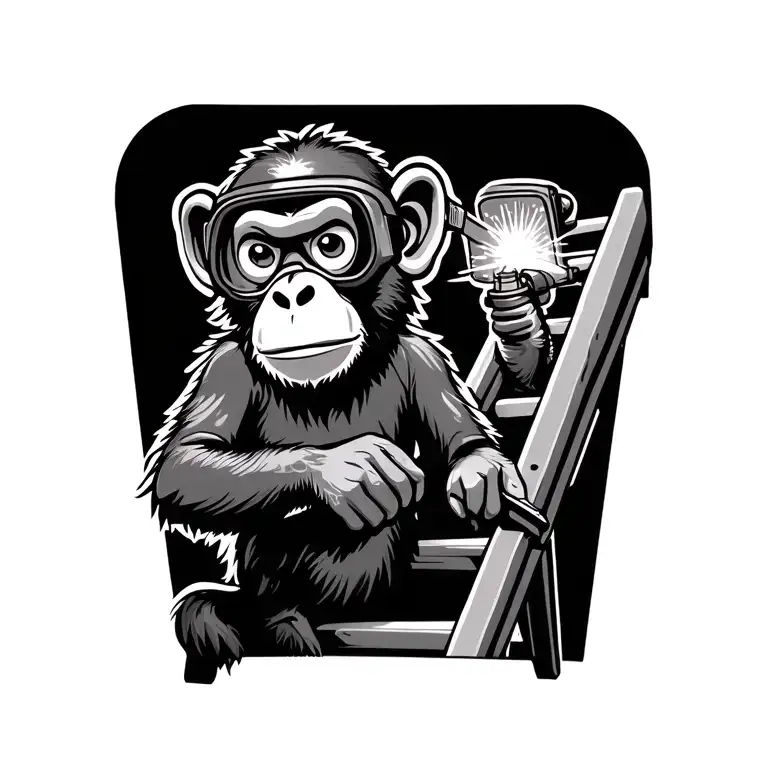 a cartoon monkey on a ladder. wearing eye protection welding goggles using a gas welding torch to weld an existing scar tattoo design idea