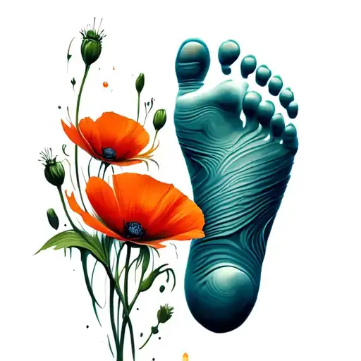 baby foot prints and poppy flower tattoo design idea