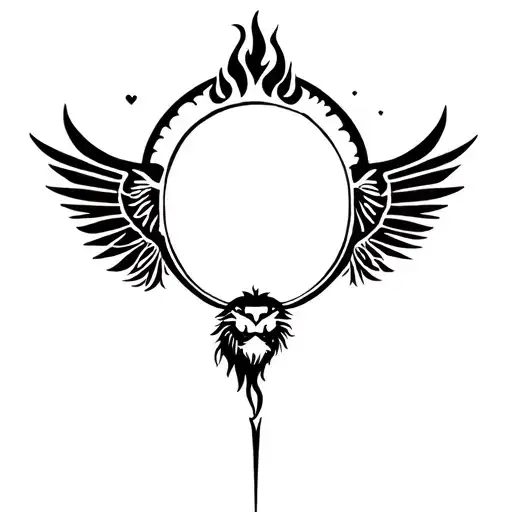 lion head, sun, fire, pen, heart, shell, wings, pillar, arrow circle of light tattoo design idea