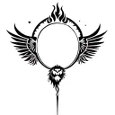 lion head, sun, fire, pen, heart, shell, wings, pillar, arrow circle of light tattoo design idea