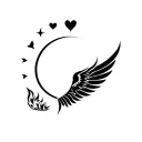 lion head, sun, fire, pen, heart, shell, wings, pillar, arrow circle of light tattoo design idea