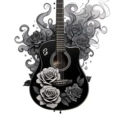 acoustic guitar with smoke and roses tattoo design idea
