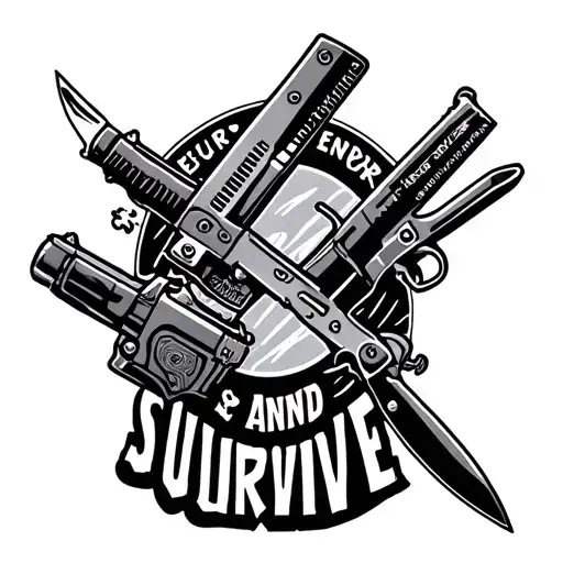 the words endure and survive with a switchblade and a pistol tattoo design idea