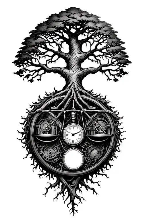 midevil tree of life with roots and branches stretching to shoulders, libra scale, v-twin engine parts and clock intertw tattoo design idea