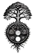 midevil tree of life with roots and branches stretching to shoulders, libra scale, v-twin engine parts and clock intertw tattoo design idea