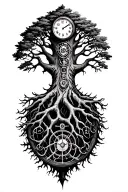 midevil tree of life with roots and branches stretching to shoulders, libra scale, v-twin engine parts and clock intertw tattoo design idea