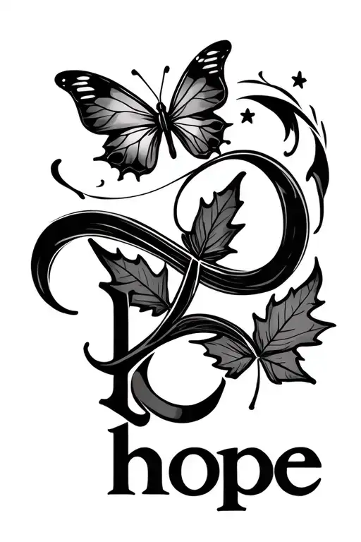 infinity symbol (∞) , maple leaf , butterfly ,A small, rising fire symbol — The letter L, The word “hope” in fine cursiv tattoo design idea