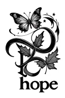 infinity symbol (∞) , maple leaf , butterfly ,A small, rising fire symbol — The letter L, The word “hope” in fine cursiv tattoo design idea