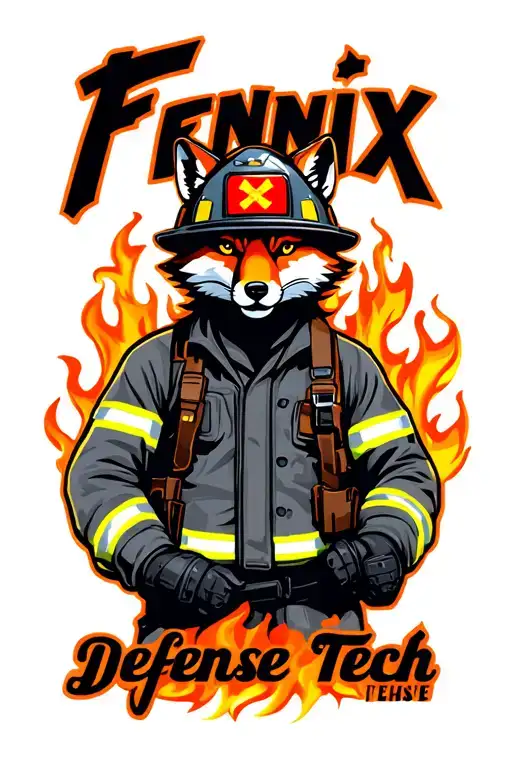 "Fenix Defense Tech" "Fenix Defense Tech" Fox wearing firefighter gear, surrounded by flames. Helmet has maltese cross fire symbol. tattoo design idea