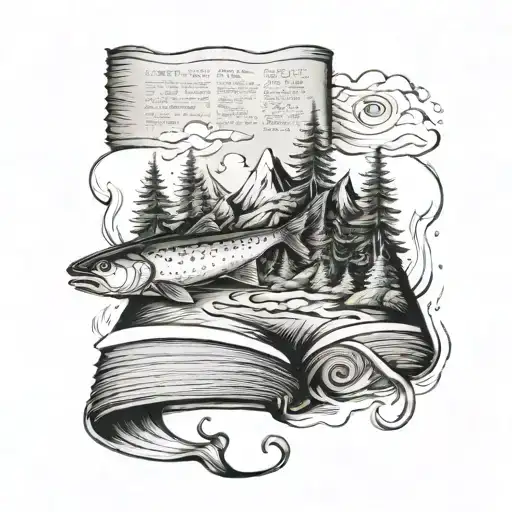 tatoo about book, fish, mountain, blood type 0+, travels, forest, running tattoo design idea