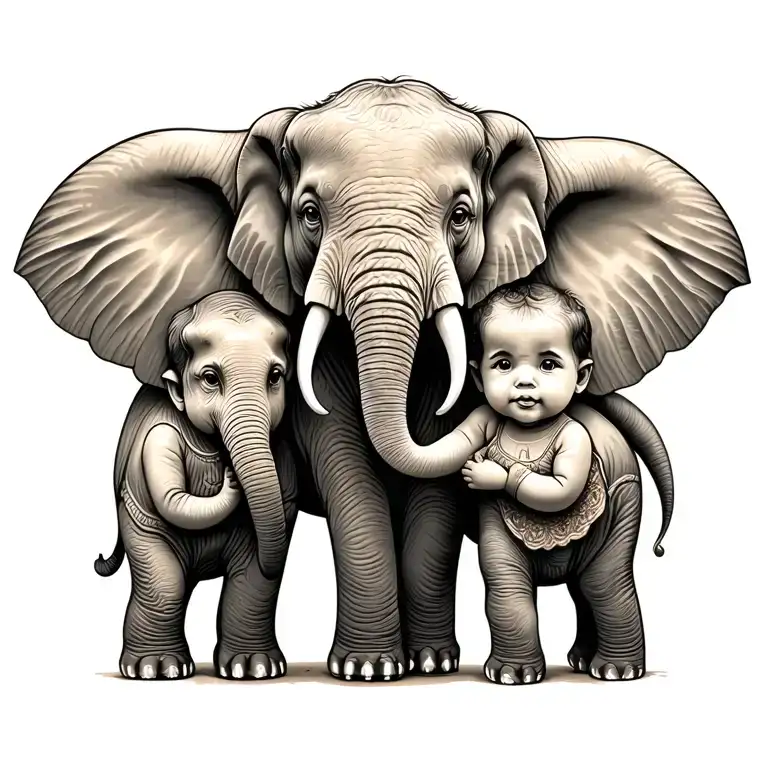 elephant family holding hands 3 kids 2 adult tattoo design idea