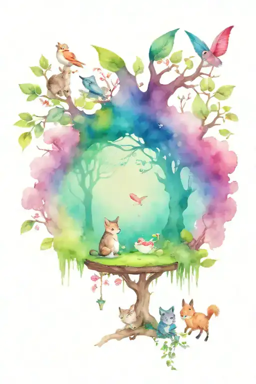 forest animals having a tea party under a fairy tree tattoo design idea