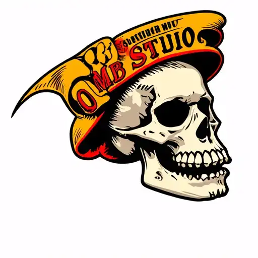 Traditional OLD School Skull with MB Studio banner tattoo design idea
