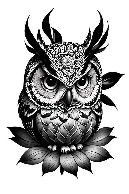 symetrical owl head mandala, dot work, lotus flower, geometric, tattoo design idea