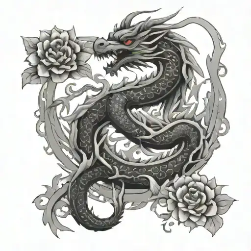 Japanese dragon intertwined with a Aztec dragon with a blossom tree and macuahuitl in the middle. tattoo design idea